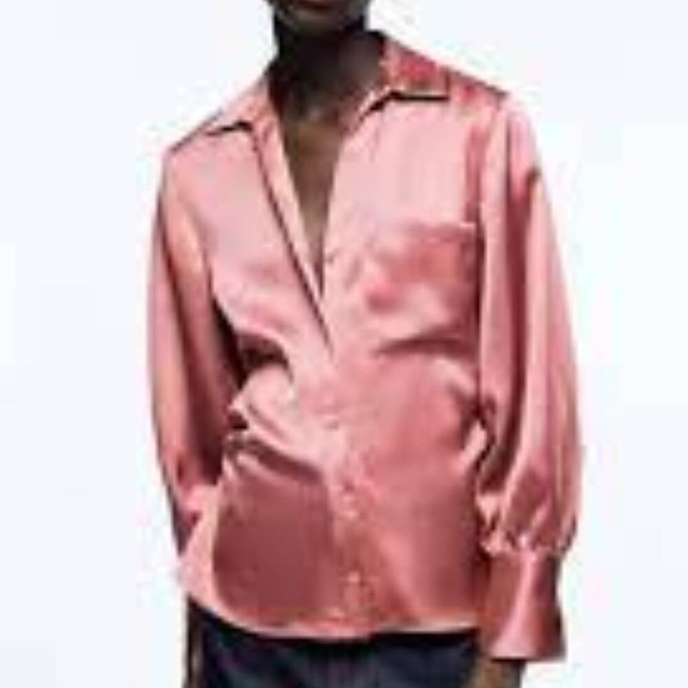 Zara Dusty Rose Ruched Side Satin Effect Long Sleeve Blouse Size XS NWT
